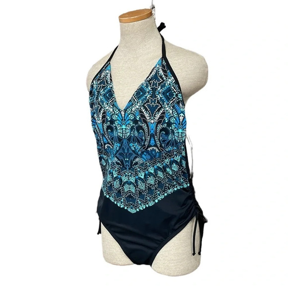 Aqua Green Swimsuit Womens X Large XL Blue Black NWT Geometric Halter One-Piece - Picture 3 of 17